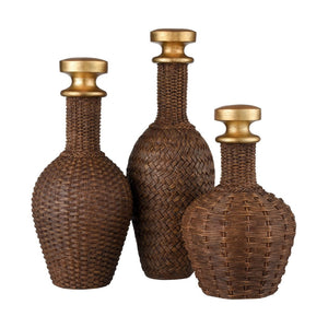 Atlas Duin Decorative Bottles Set of 3 - Handcrafted Brown Gourd Accents with Gold Stoppers for Home Decor AC11273-01S