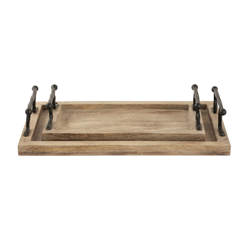 Atlas Ellwood Rectangular Nesting Tray Set of 2 - Rustic Mango Wood with Twisted Iron Handles for All Decor AC11292-01S