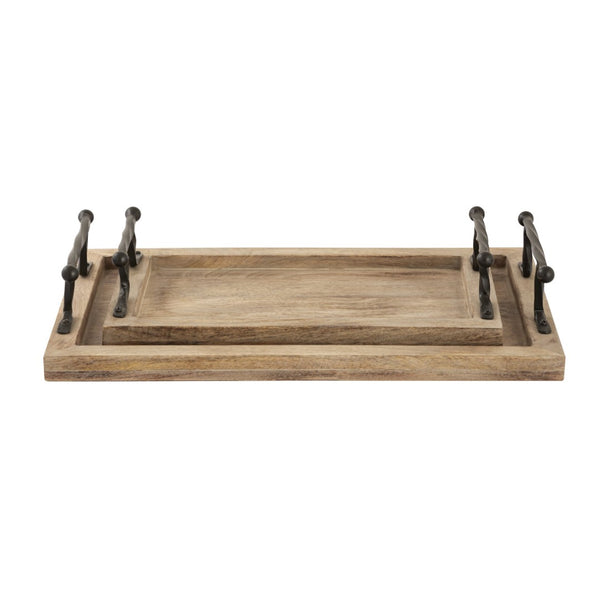 Atlas Ellwood Rectangular Nesting Tray Set of 2 - Rustic Mango Wood with Twisted Iron Handles for All Decor AC11292-01S
