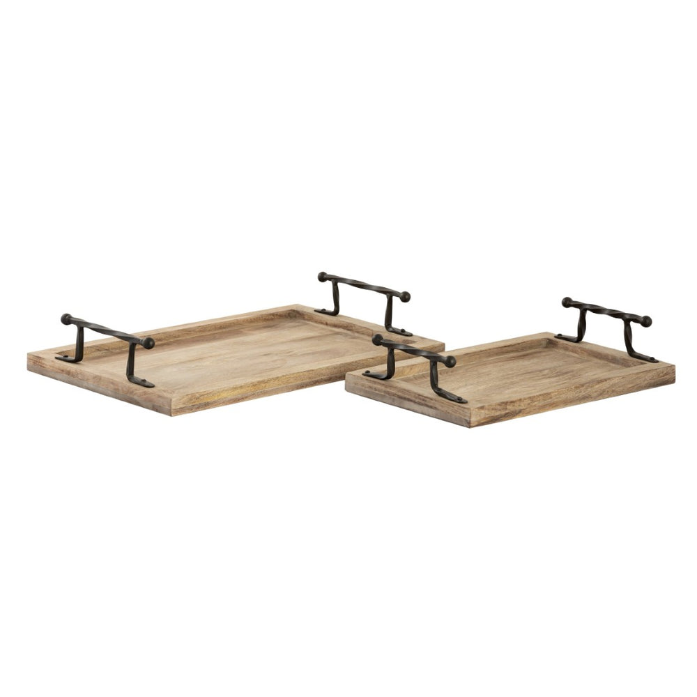 Atlas Ellwood Rectangular Nesting Tray Set of 2 - Rustic Mango Wood with Twisted Iron Handles for All Decor AC11292-01S