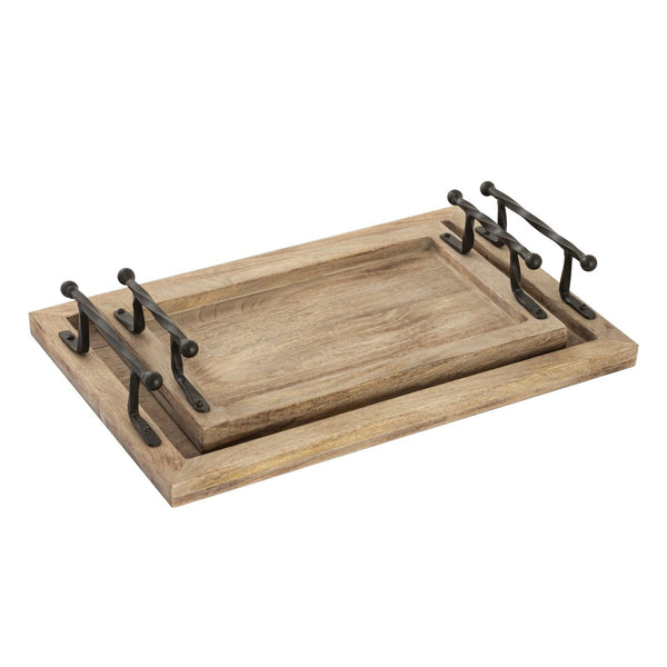 Atlas Ellwood Rectangular Nesting Tray Set of 2 - Rustic Mango Wood with Twisted Iron Handles for All Decor AC11292-01S