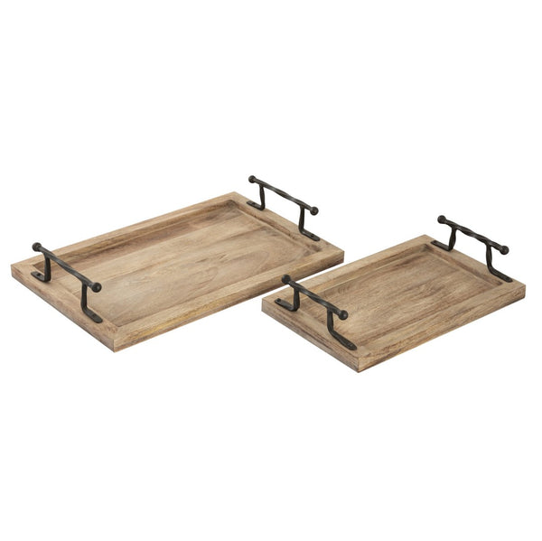 Atlas Ellwood Rectangular Nesting Tray Set of 2 - Rustic Mango Wood with Twisted Iron Handles for All Decor AC11292-01S