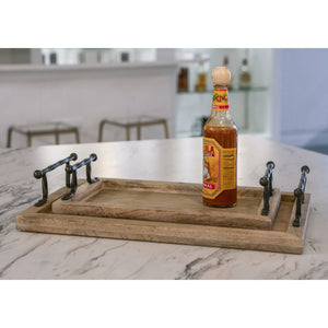 Atlas Ellwood Rectangular Nesting Tray Set of 2 - Rustic Mango Wood with Twisted Iron Handles for All Decor AC11292-01S