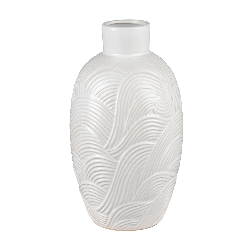 Atlas Flynn Vase - Small Glossy White Earthenware with Textured Waves for Elegant Home Décor and Gifts AC11318-01