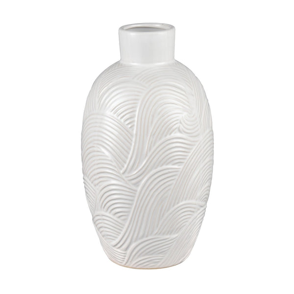 Atlas Flynn Vase - Small Glossy White Earthenware with Textured Waves for Elegant Home Décor and Gifts AC11318-01