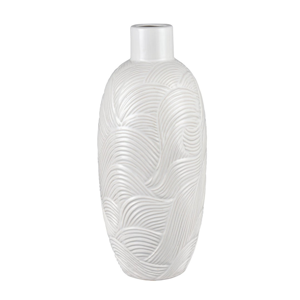 Atlas Flynn Vase - Large Earthenware Piece with Glossy White Finish & Textured Wave Design for Elegance AC11318-02