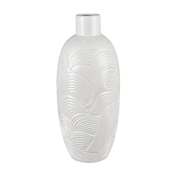Atlas Flynn Vase - Large Earthenware Piece with Glossy White Finish & Textured Wave Design for Elegance AC11318-02