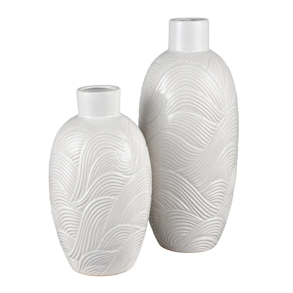 Atlas Flynn Vase - Large Earthenware Piece with Glossy White Finish & Textured Wave Design for Elegance AC11318-02