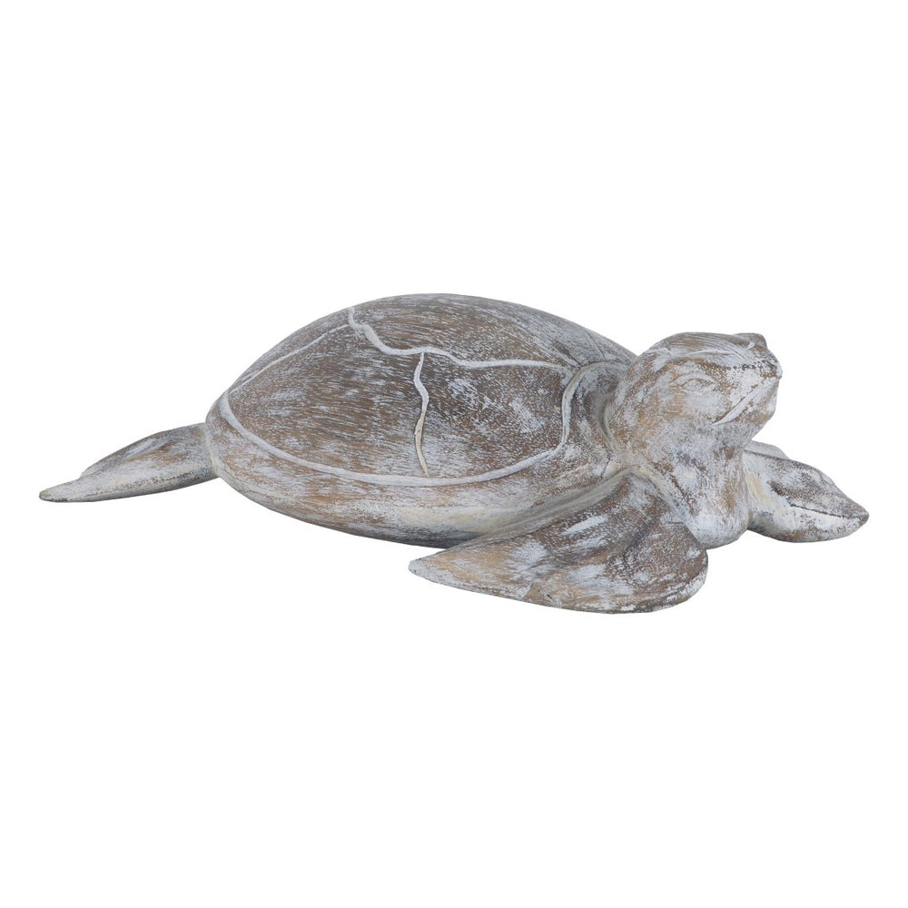 Atlas Galapagos Hand-Carved Turtle Sculpture - Coastal Decorative Object with Whitewashed Finish & Charm AC11326-01
