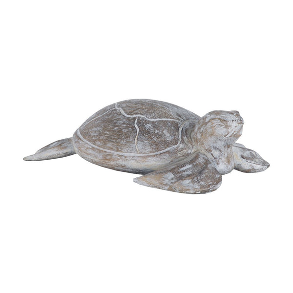 Atlas Galapagos Hand-Carved Turtle Sculpture - Coastal Decorative Object with Whitewashed Finish & Charm AC11326-01