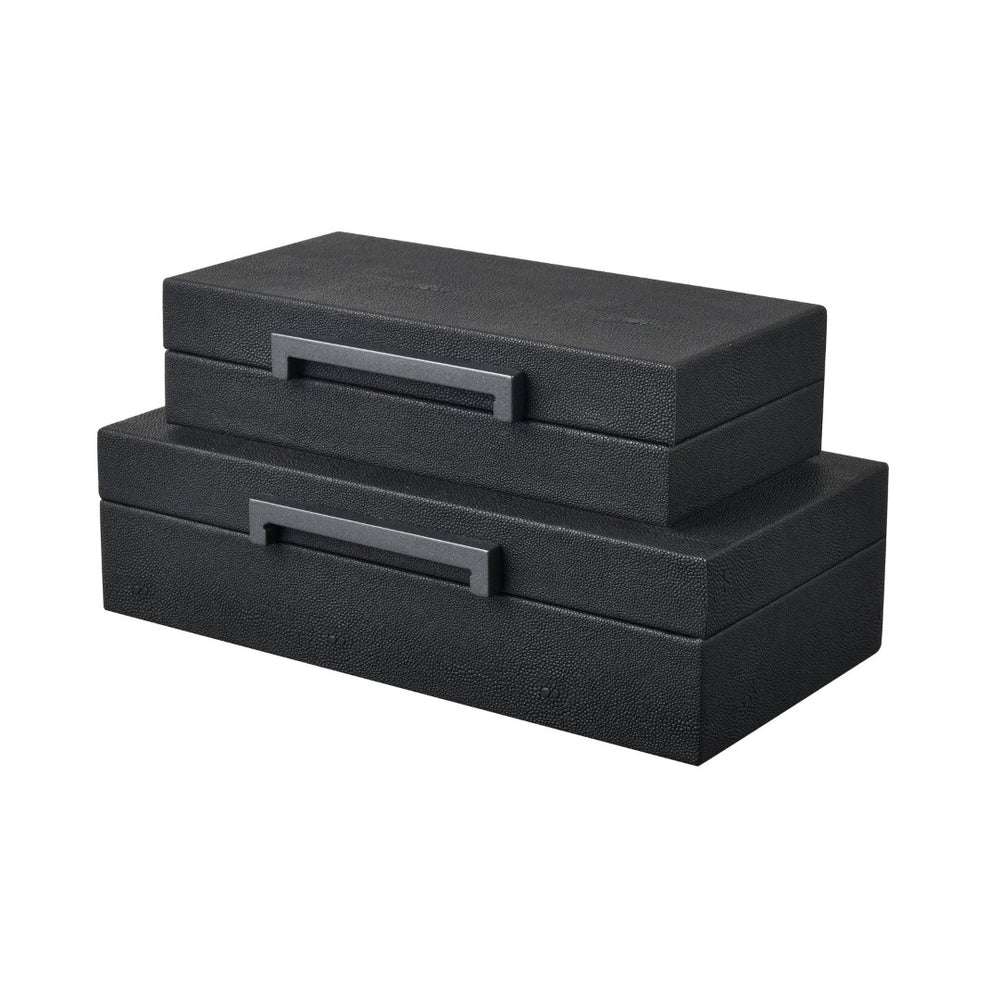 Atlas Grackle Boxes Set of 2 - Elegant Black Faux Shagreen Storage for Modern Home Organization & Décor AC11344-01S