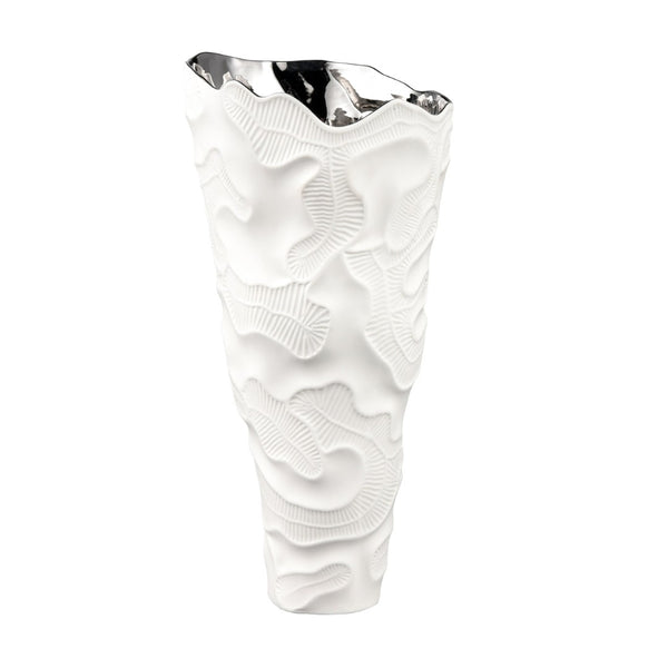 Atlas Halford Decorative Earthenware Vase - Matte White & Glazed Silver, Tall Tapered Centerpiece, 18.25” AC11360-01