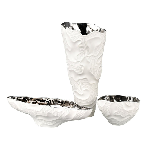 Atlas Halford Decorative Earthenware Vase - Matte White & Glazed Silver, Tall Tapered Centerpiece, 18.25” AC11360-01