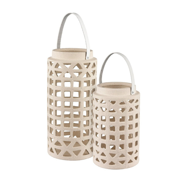 Atlas Haney Lantern - Handcrafted Earthenware Light with Leather Handle for Coastal-Inspired Decor Small AC11362-01