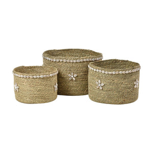 Atlas Hanks Woven Baskets Set of 3 - Coastal Décor with Natural Rattan, Shell Accents & Versatile Style AC11364-01S