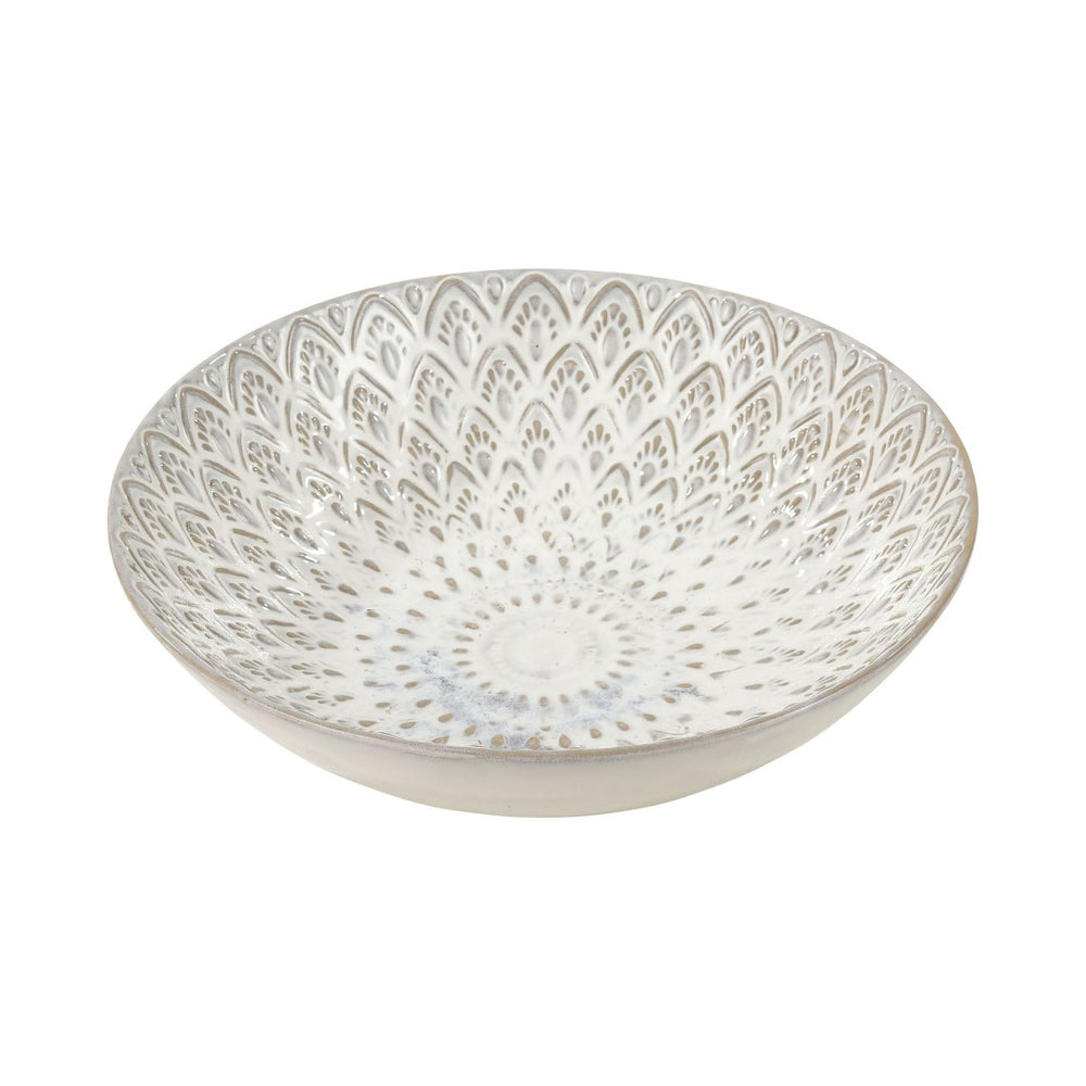 Atlas Hollywell Bowl: Farmhouse-Inspired Centerpiece with Petal Motif and White Reactive Glaze, 14-Inch AC11389-01