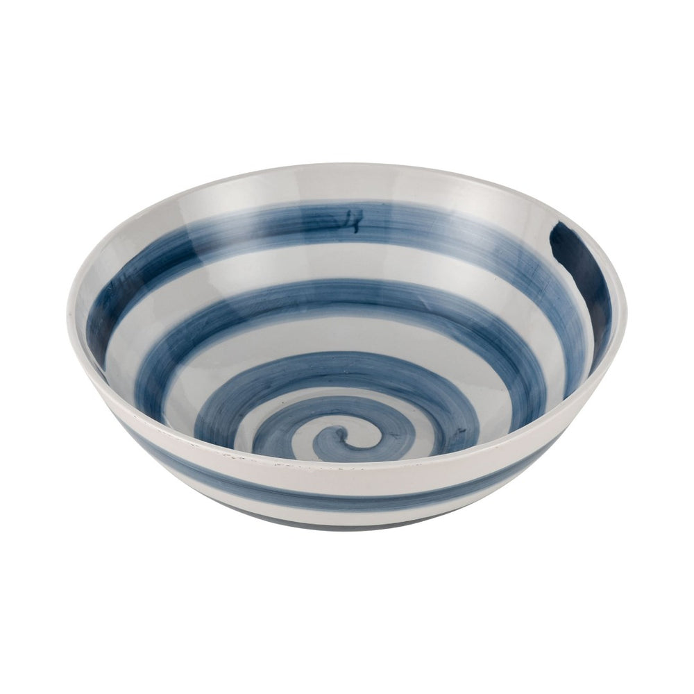 Atlas Indaal Bowl - Hand-Painted Earthenware Decorative Bowl with Blue Swirls for Coastal Elegance AC11396-01