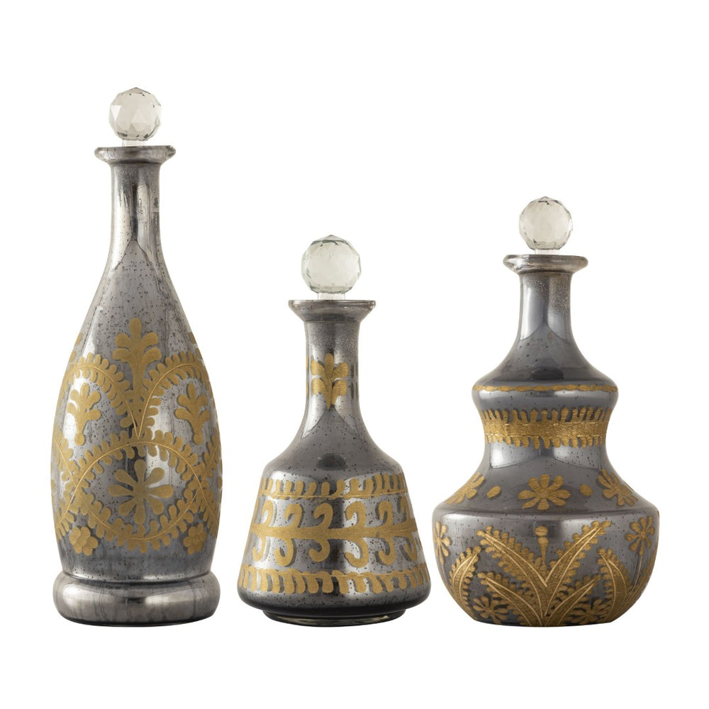 Atlas Kemal Bottle Set of 3 Vintage-Inspired Smoked Glass Decanters with Hand-Painted Gold Filigree Design AC11411-01S
