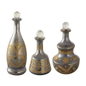 Atlas Kemal Bottle Set of 3 Vintage-Inspired Smoked Glass Decanters with Hand-Painted Gold Filigree Design AC11411-01S