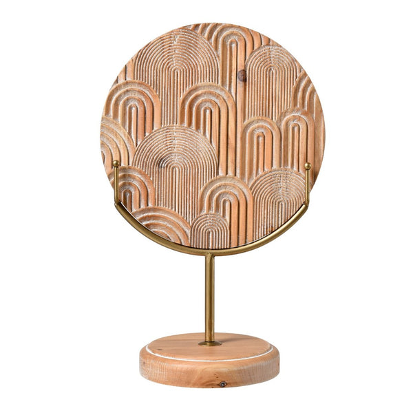 Atlas Lambert Hand-Carved Wood Disc on Gold Stand - Unique Sculptural Decor for Modern Living Spaces Large Natural AC11422-01