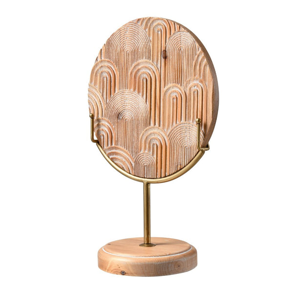 Atlas Lambert Hand-Carved Wood Disc on Gold Stand - Unique Sculptural Decor for Modern Living Spaces Large Natural AC11422-01
