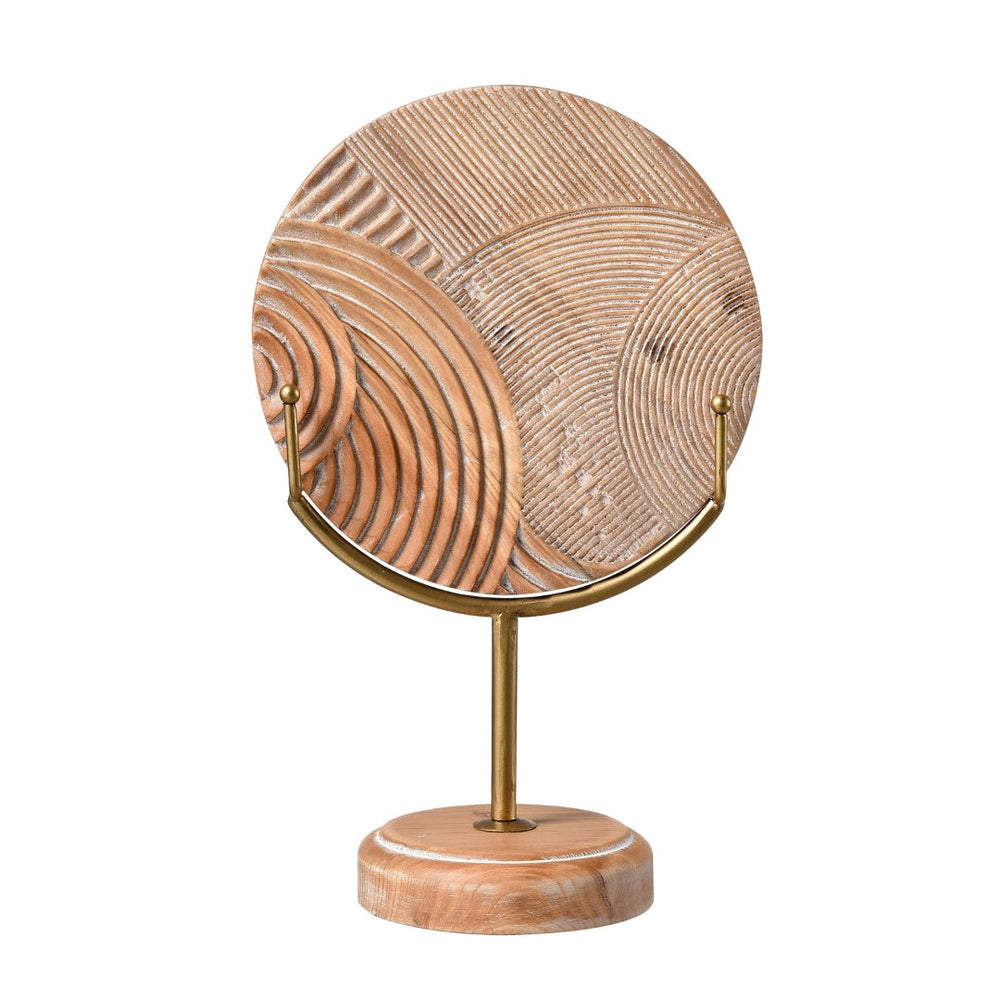 Atlas Lambert Hand-Carved Wood Disc on Gold Stand - Unique Sculptural Decor for Modern Living Spaces Small Natural AC11423-01