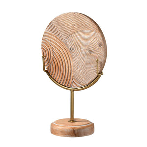 Atlas Lambert Hand-Carved Wood Disc on Gold Stand - Unique Sculptural Decor for Modern Living Spaces Small Natural AC11423-01