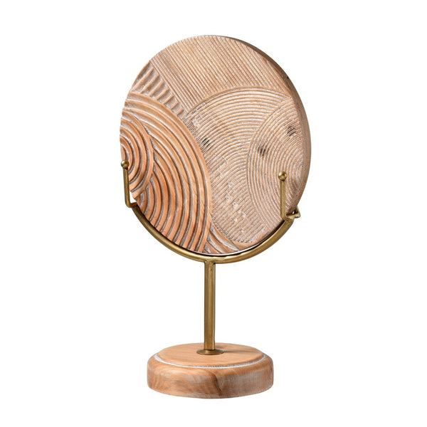 Atlas Lambert Hand-Carved Wood Disc on Gold Stand - Unique Sculptural Decor for Modern Living Spaces Small Natural AC11423-01