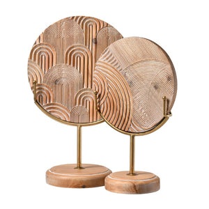 Atlas Lambert Hand-Carved Wood Disc on Gold Stand - Unique Sculptural Decor for Modern Living Spaces Small Natural AC11423-01