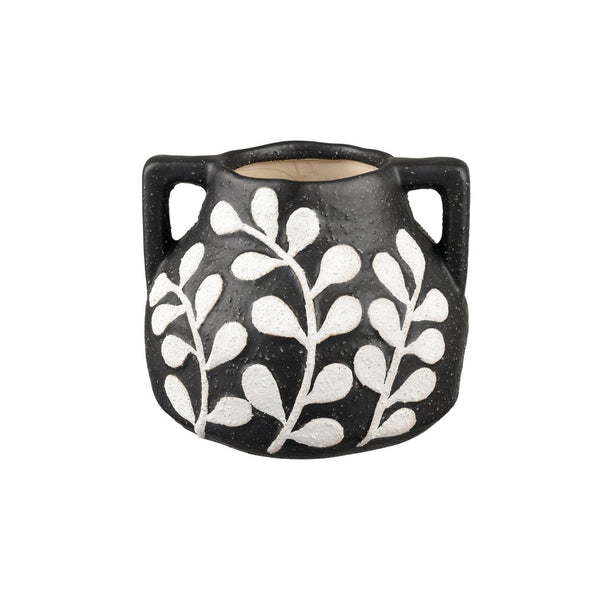 Atlas Maria Vase - Elegant Matte Black Earthenware with Climbing Leaf Motif for Timeless Home Decor Small AC11462-01