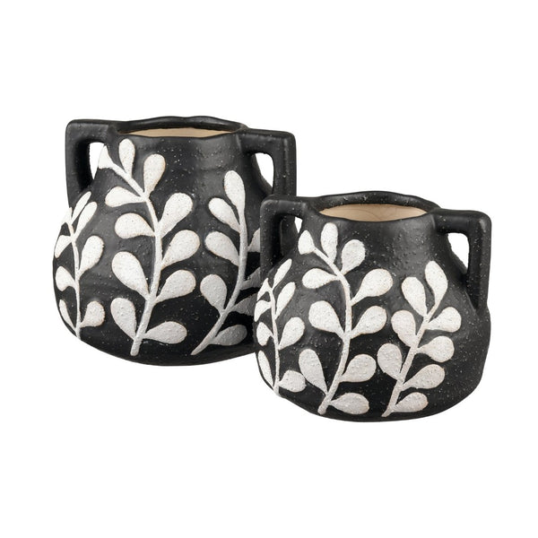Atlas Maria Vase - Elegant Matte Black Earthenware with Climbing Leaf Motif for Timeless Home Decor Small AC11462-01