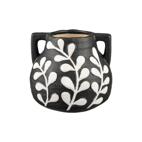Atlas Maria Vase - Elegant Matte Black Earthenware with Climbing Leaf Motif for Timeless Home Decor Large AC11462-02
