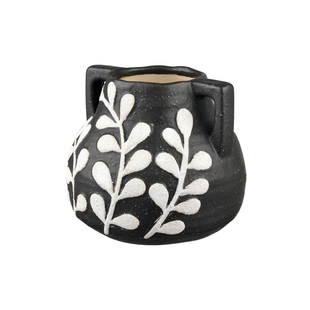 Atlas Maria Vase - Elegant Matte Black Earthenware with Climbing Leaf Motif for Timeless Home Decor Large AC11462-02