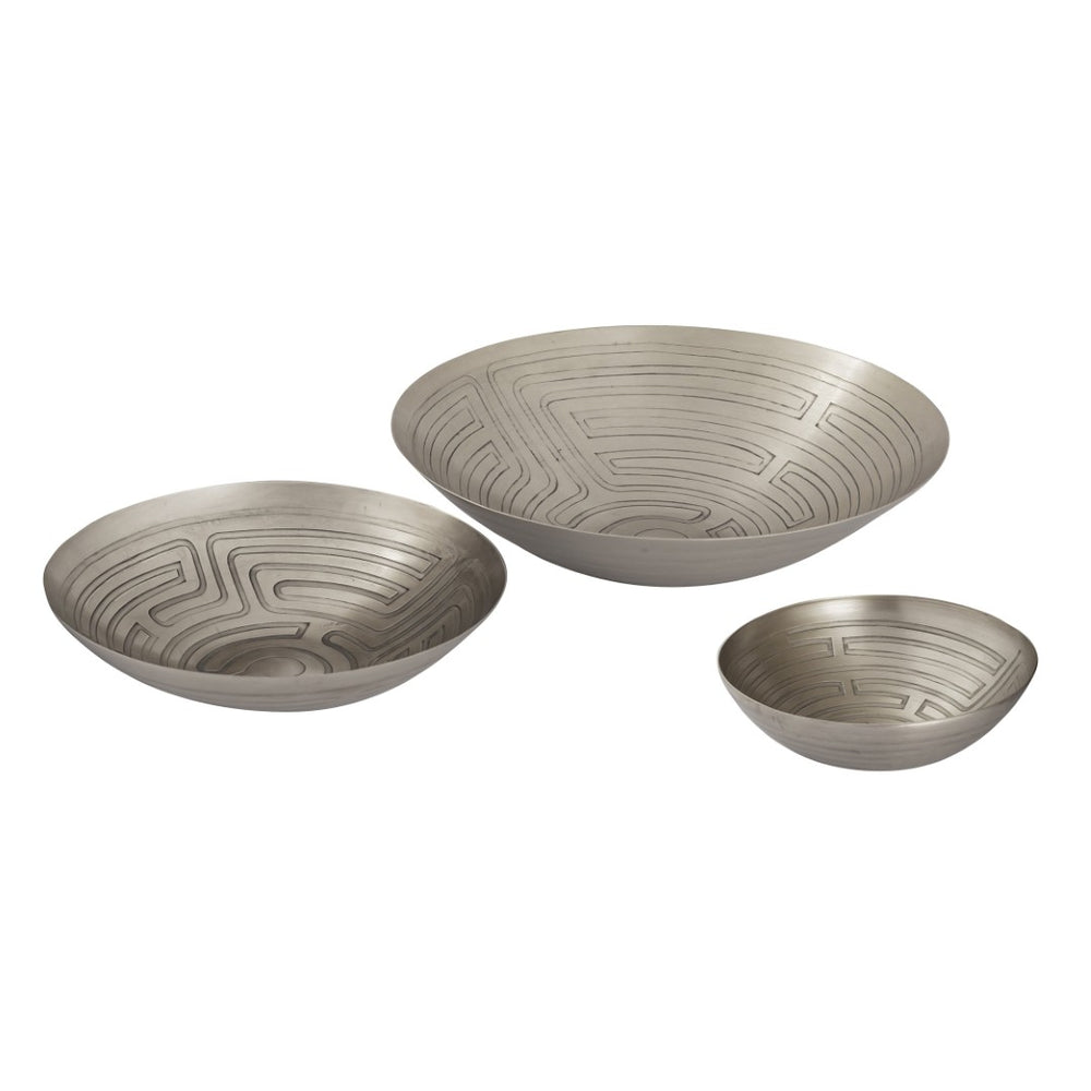 Atlas Maze Etched Bowls – Antique Nickel Finish for Vintage-Industrial Elegance in Home Decor Accents Set of 3 Nickel AC11471-01S