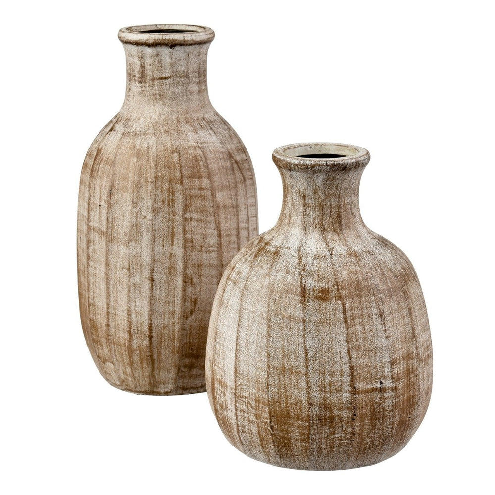Atlas Mink Set of 2 Vintage Ceramic Bottles - Toasted Cream Vases for Rustic and Coastal Decor AC11481-01S