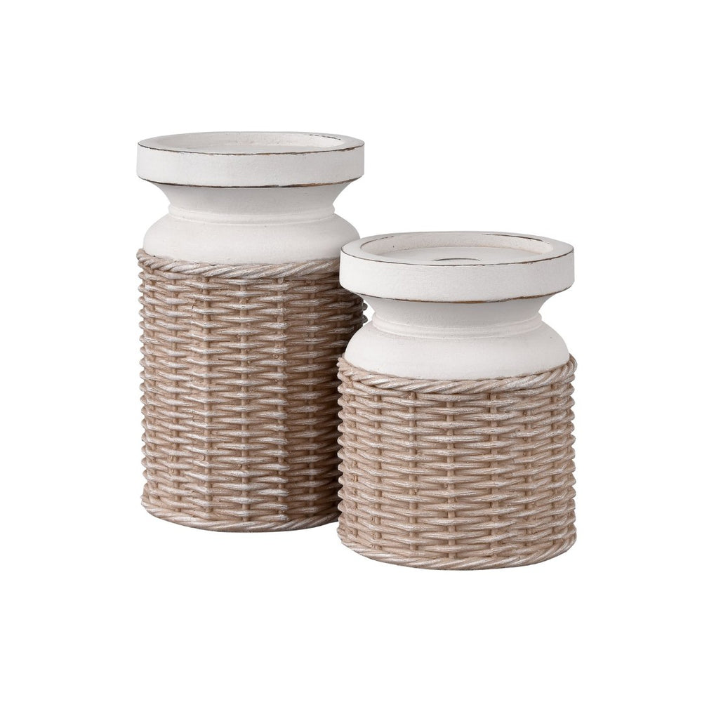 Atlas Norris Candleholder Set of 2 - Coastal-Inspired Beige Pillar Holders with Woven Rattan Base AC11502-01S