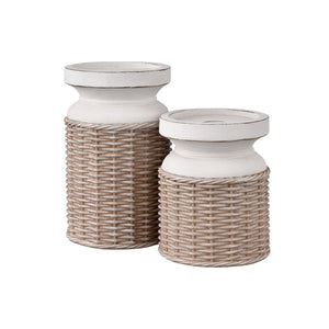 Atlas Norris Candleholder Set of 2 - Coastal-Inspired Beige Pillar Holders with Woven Rattan Base AC11502-01S