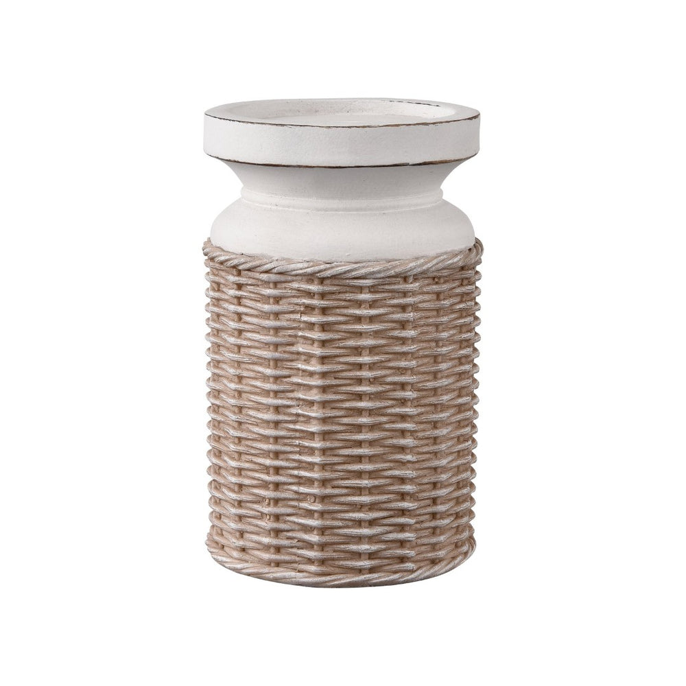 Atlas Norris Candleholder Set of 2 - Coastal-Inspired Beige Pillar Holders with Woven Rattan Base AC11502-01S