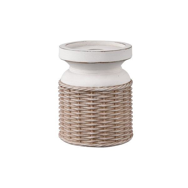 Atlas Norris Candleholder Set of 2 - Coastal-Inspired Beige Pillar Holders with Woven Rattan Base AC11502-01S