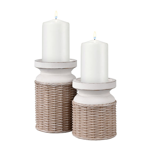 Atlas Norris Candleholder Set of 2 - Coastal-Inspired Beige Pillar Holders with Woven Rattan Base AC11502-01S