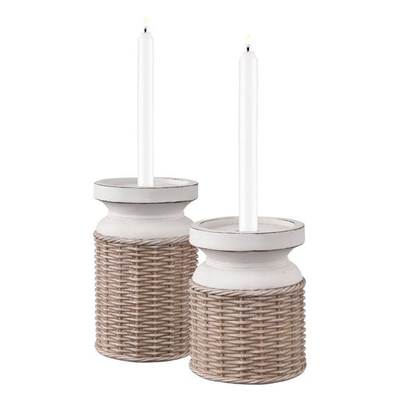 Atlas Norris Candleholder Set of 2 - Coastal-Inspired Beige Pillar Holders with Woven Rattan Base AC11502-01S