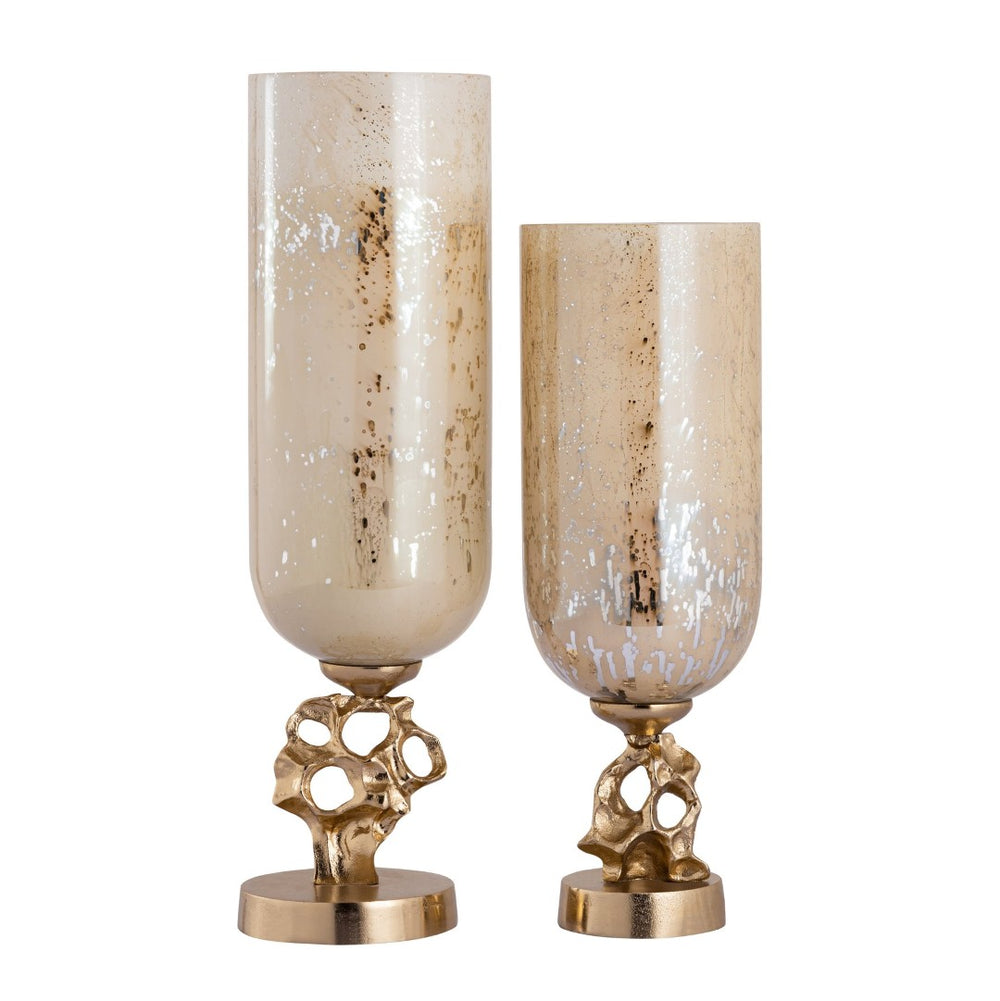 Atlas Radner Set of 2 Vintage-Inspired Glass Hurricanes with Gold Bases for Elegant Home Decor Accents AC11545-01S