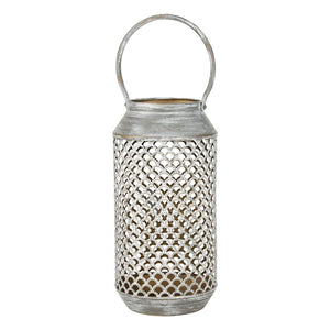 Atlas Rawmarsh Large Lantern - Aged Silver Metal with Scalloped Mesh Panels for Rustic Candlelight Charm AC11549-04
