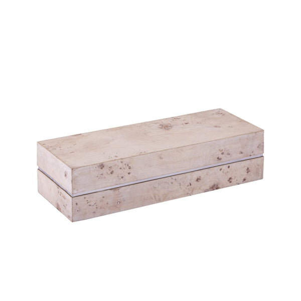 Atlas Salem Box - Sculptural Storage Solution with White Burl Finish and Satin Nickel Accents for Modern Spaces Long White Burl Wood AC11569-02