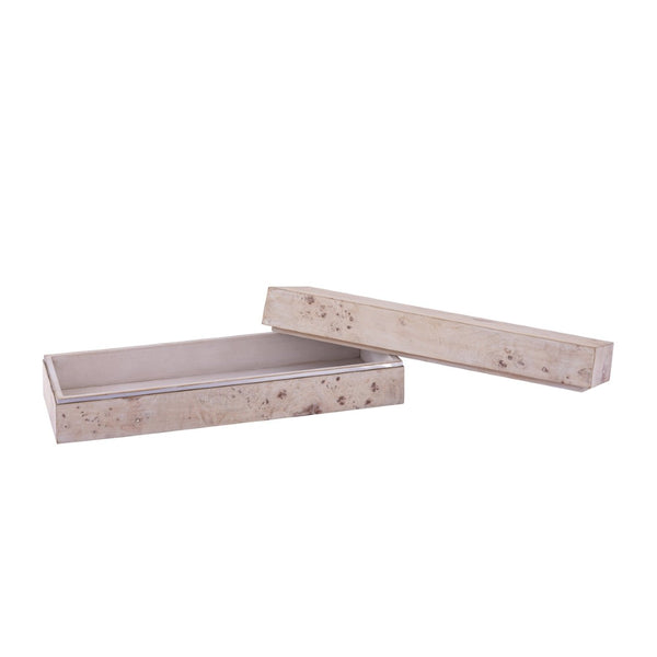 Atlas Salem Box - Sculptural Storage Solution with White Burl Finish and Satin Nickel Accents for Modern Spaces Long White Burl Wood AC11569-02