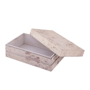 Atlas Salem Box - Sculptural Storage Solution with White Burl Finish and Satin Nickel Accents for Modern Spaces Long White Burl Wood AC11569-02
