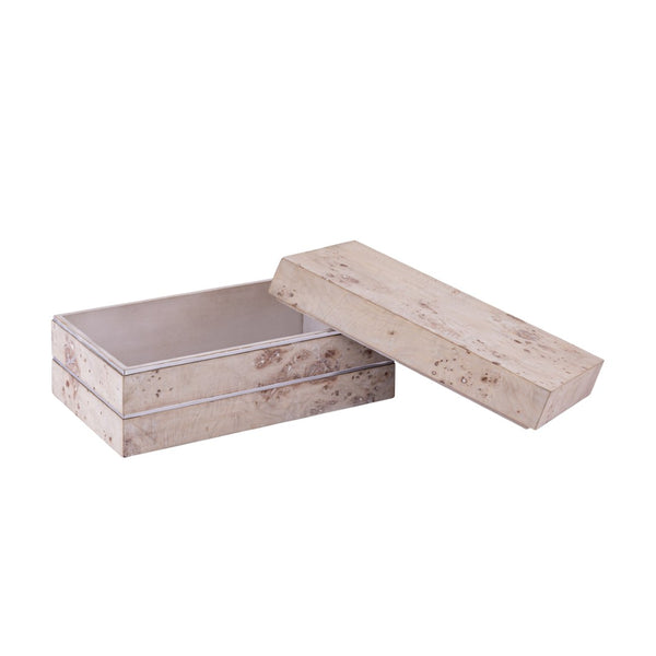 Atlas Salem Box - Sculptural Storage Solution with White Burl Finish and Satin Nickel Accents for Modern Spaces Long White Burl Wood AC11569-02