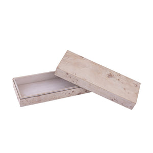 Atlas Salem Box - Sculptural Storage Solution with White Burl Finish and Satin Nickel Accents for Modern Spaces Long White Burl Wood AC11569-02