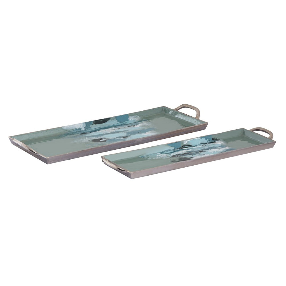 Atlas Spindrift Tray Set of 2 - Coastal Seafoam Green Enamel Trays with Silver Handles for Stylish Serving AC11604-01S