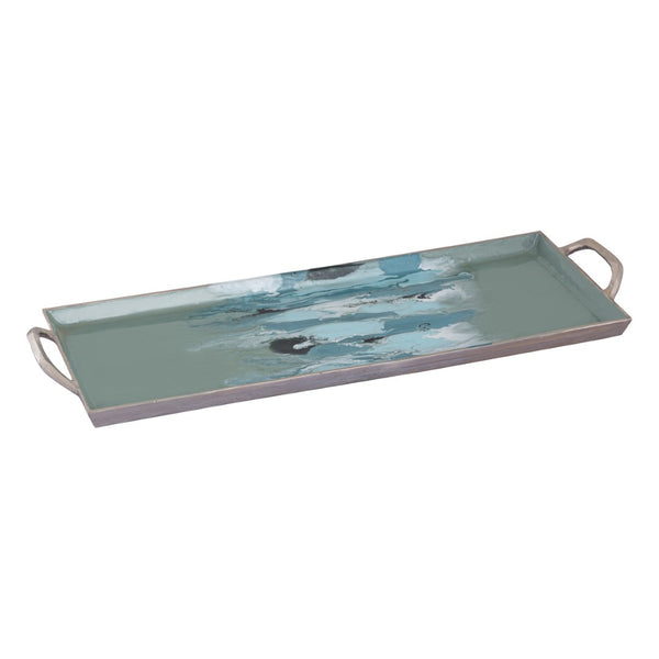 Atlas Spindrift Tray Set of 2 - Coastal Seafoam Green Enamel Trays with Silver Handles for Stylish Serving AC11604-01S